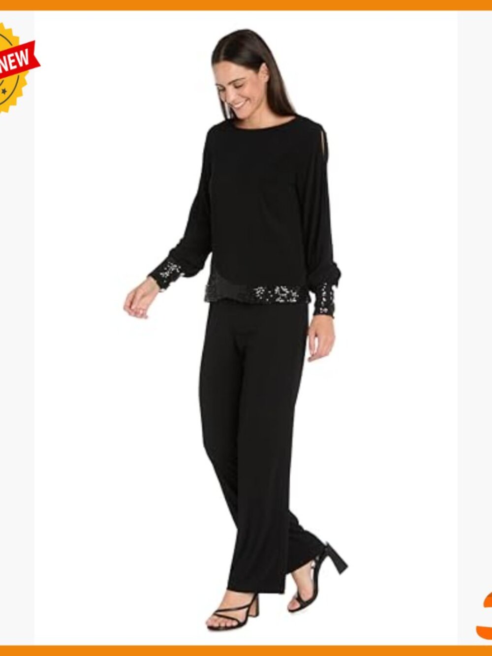Long Sleeve Blouse with Sequin Trim & Rhinestone Buttons, Split Sleeve Design - Picture 4 of 5